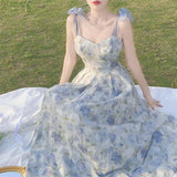LANFUBEISI Elegant Long Flower Strap Dress Women Vintage Sweet Print Korean Slip Fairy Dress Casual Calssy Party Princess Dress Spring 2022 LANFUBEISI