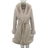 LANFUBEISI Fashion PU Leather Winter Warm Jackets WomenTie Belt Waist Long Coats Faux Fur Jackets Side Pockets Ladies Elegant Solid Coat LANFUBEISI