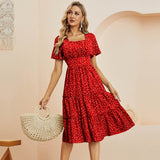 LANFUBEISI Summer Love Pattern Dot Print Dress Women 2022 New Casual Short Sleeve Square Collar Ruffles Medium Long Chiffon Dress LANFUBEISI