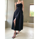 New Texture Jacquard Vintage Black Spaghetti Strap Square Collar A-Line Ankle-Length Dresses Women LANFUBEISI