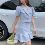 LANFUBEISI High Quality New Summer Fashion Korean Sweet Elegant 2 Piece Set Women Crop Top Shirt Blouse Mini Skirt Suits Two Piece Outfits LANFUBEISI
