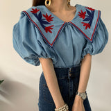 LANFUBEISI Vintage Ethnic Style Flower Embroidey Blouses Women 2020 Summer Lantern Sleeve Loose Denim Shirt Femme Tops Blusas LANFUBEISI