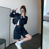 Fashion Hot Girl Two Piece Suits Women  Autumn New Cropped Denim Jacket Female Thin Tops and Pants Sets Woman