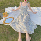 LANFUBEISI Elegant Long Flower Strap Dress Women Vintage Sweet Print Korean Slip Fairy Dress Casual Calssy Party Princess Dress Spring 2022 LANFUBEISI