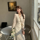 LANFUBEISI Elegant Lace Long Sleeve Midi Dress Winter White Women V-neck Korean Dress Spring One-piece Evening Lady Party Fairy Dress
