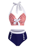 LANFUBEISI Striped Halter Button Embellished Tied Tankini Sets Wire Free Swimwear Women Summer High Waist Bathing Suit Biquini 2XL LANFUBEISI