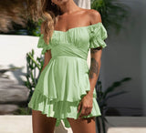 Solid Color Ruffle Women Rompers Sexy Off Shoulder Jumpsuit Female 2021 Summer Fashion Short Sleeve Women Rompers Bodysuit LANFUBEISI