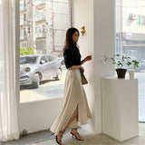 New Vintage Elastic Waist Buttons Irregular Chic Cotton and Linen Split Spring Summer Women's Long Skirts LANFUBEISI