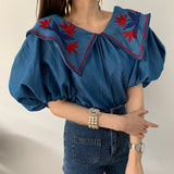 LANFUBEISI Vintage Ethnic Style Flower Embroidey Blouses Women 2020 Summer Lantern Sleeve Loose Denim Shirt Femme Tops Blusas LANFUBEISI