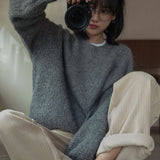 LANFUBEISI Winter New Clothes Grey Cashmere Sweater Women Autumn Loose Retro Sweater Pullovers French Solid Knit Sweater Fashion Tops 17733 LANFUBEISI