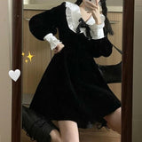 LANFUBEISI Kawaii Bow Dress Women Japanese Preppy Style Long Sleeve Mini Dresses Black Goth Vintage Lolita Outfits Sweet Streetwear LANFUBEISI