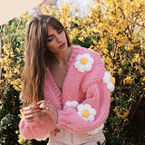 LANFUBEISI Fashion Elegant Cute Pink Print Sun Flower Cardigan Sweater For Women Autumn Streetwear College Office Lady Sweater LANFUBEISI