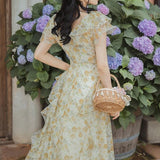 French Vintage Fairy Dress Women Ruffle Irregular Designer Long Floral Dress 2022 Summer Elegant Korean Holiday Victorian Dress LANFUBEISI