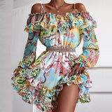 Sexy Off Shoulder Ruffle Mini Dresses Women Elegant Slash Neck Summer Beach Dress Casual Vintage Floral Print Ladies Party Dress LANFUBEISI