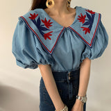 LANFUBEISI Vintage Ethnic Style Flower Embroidey Blouses Women 2020 Summer Lantern Sleeve Loose Denim Shirt Femme Tops Blusas LANFUBEISI