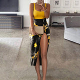 LANFUBEISI Fashion Women Two Piece Set Party Wear Solid U Neck Tank Top & High Slit Printed Skirt Sets
