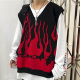 LANFUBEISI Knit sweater vest autumn Korean version of  hit color flame outer wear sweater vest loose sleeveless top coat men women trend LANFUBEISI