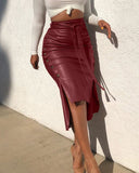LANFUBEISI Stitch H-line Skinny PU Leather Skirt Solid Slit Slim Mid-length Hip-wrap Skirt High-waist Lace-up Side Button Pencil Skirt17094 LANFUBEISI