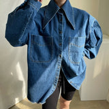 LANFUBEISI Female Denim Shirt 2021 Autumn Korean Retro Chic Pointed Collar Single-Breasted Loose Large Pockets Washed Blue Blouses LANFUBEISI