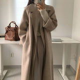 LANFUBEISI Women Elegant Long Wool Coat With Belt Solid Color Long Sleeve Chic Outerwear Ladies Drop Shoulder Overcoat 2021 LANFUBEISI