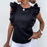 Elegant Women Solid Ruffle Blouses Shirts Sexy Back Hollow Out Tie-Up Bow Shirt Tops Office Lady O Neck Sleeveless Design Blusas LANFUBEISI