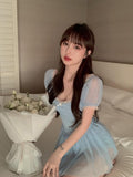 LANFUBEISI Fairy Dress Korean Party Mini Sexy Dress Female Summer High Waist Elegant Kawaii Dress Female Short Sleeve Design Sweet Casual Dress 2021 LANFUBEISI