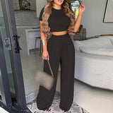 Summer Women Two Piece Sets Elegant Print Office Lady Outfits Elegant O Neck Short Sleeve Shirt Pullover + Wide Leg Pants Suits LANFUBEISI