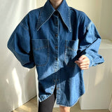 LANFUBEISI Female Denim Shirt 2021 Autumn Korean Retro Chic Pointed Collar Single-Breasted Loose Large Pockets Washed Blue Blouses LANFUBEISI