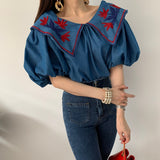 LANFUBEISI Vintage Ethnic Style Flower Embroidey Blouses Women 2020 Summer Lantern Sleeve Loose Denim Shirt Femme Tops Blusas LANFUBEISI