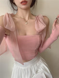 Sweet Girly Pink Camis Detachable Sleeve Bow Knitted Tank Tops Women Summer Fashion White Cropped Tops LANFUBEISI