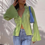 LANFUBEISI Green Vintage Flare Sleeve Top Shirt Y2K Button up V Neck Blouse Aesthetic Korean Fashion Streetwear Women's Shirts LANFUBEISI