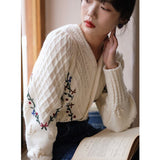 LANFUBEISI Japan Style Embroidey Flower Cardigan Women O Neck Single Breasted Knitted Tops Long Sleeve Casual Vintage Sweater LANFUBEISI
