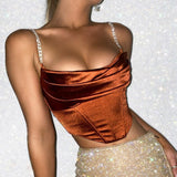 LANFUBEISI  Crop Top Crystal Diamond Cropped Bustier Cami Top Stacked Satin with Full Lined Women Sexy Club Wear Outfits Corset Tops LANFUBEISI