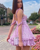 LANFUBEISI Purple Floral Pleated Mini Dress Spaghetti Strap A-Line Ruffles Summer Dress Sexy Off Shoulder Backless Birthday Party Dresses LANFUBEISI