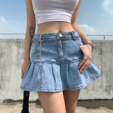 Harajuku Punk Y2K Denim Mini Pleated Skirt Ladies Summer High Waist Jeans Shorts Skirts Women Ruffles Korean LANFUBEISI