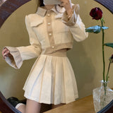 LANFUBEISI Autumn New French Vintage Two Piece Set Women Crop Top Short Jacket Coat + Pleated Skirts Sets High Street Fashion 2 Piece Suits