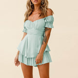 Solid Color Ruffle Women Rompers Sexy Off Shoulder Jumpsuit Female 2021 Summer Fashion Short Sleeve Women Rompers Bodysuit LANFUBEISI