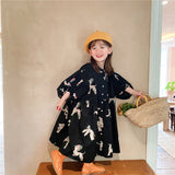 LANFUBEISI  Spring autumn kids colorful pony printing oversized long dress for girls cotton loose puff sleeve high quality dresses