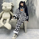 Street Hip-hop Harajuku Girl Cow Print Oneies For Women Black White Plaid Overalls Casual Jumpsuit Trousers Baggy Pants LANFUBEISI