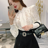 LANFUBEISI Korean Shirts For Women Stand Collar Puff Long Sleeve Patchwork Buttons Designer Oversized Loose Blouses Female 2021 New LANFUBEISI