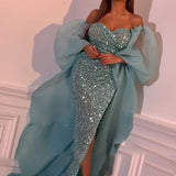 LANFUBEISI New Hot Sale Sexy Mesh Wrap Sheath Prom Evening Dress Deep V Neck Long Sleeve Side Slit Mermaid Evening Dress