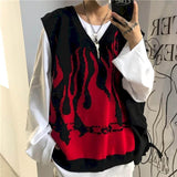 LANFUBEISI Knit sweater vest autumn Korean version of  hit color flame outer wear sweater vest loose sleeveless top coat men women trend LANFUBEISI