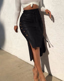 LANFUBEISI Stitch H-line Skinny PU Leather Skirt Solid Slit Slim Mid-length Hip-wrap Skirt High-waist Lace-up Side Button Pencil Skirt17094 LANFUBEISI