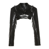 LANFUBEISI Fashion Autumn Slim Solid Black PU Leather Two Piece Short Jacket For Women Autumn New Outerwear Street Y2K Jacket LANFUBEISI