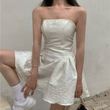 Women Summer Harajuku Strapless Dress Solid Casual A-Line High Waist Loose Printing Mini Slash Neck Short Dresses Female LANFUBEISI