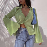 LANFUBEISI Green Vintage Flare Sleeve Top Shirt Y2K Button up V Neck Blouse Aesthetic Korean Fashion Streetwear Women's Shirts