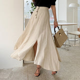 New Vintage Elastic Waist Buttons Irregular Chic Cotton and Linen Split Spring Summer Women's Long Skirts LANFUBEISI