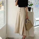 New Vintage Elastic Waist Buttons Irregular Chic Cotton and Linen Split Spring Summer Women's Long Skirts LANFUBEISI