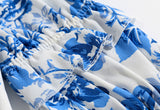 LANFUBEISI Tops Women Vintage Blue And White Porcelain Floral Print Chiffon Blouse Frill Trim Tie Puff Sleeve Back Smocked Summer Blouses LANFUBEISI