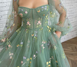 LANFUBEISI Green Prom Dresses Summer Puff Sleeve Tulle Tea Length A-Line Party Dress Sexy Appliques Wedding Evening Gowns LANFUBEISI